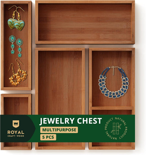 ROYAL CRAFT WOOD Luxury Bamboo Jewelry Storage Chest, Multi-Use Wooden Treasure Chest Set (5 Boxes) for Home