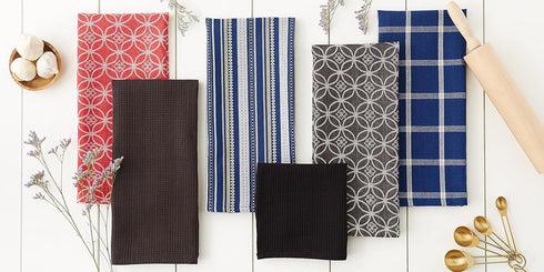 DII Assorted Woven Kitchen Set, 5 Piece, Red, Dishtowel 18x28, Dishcloth 13x13