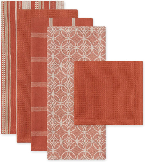 DII Assorted Woven Kitchen Set, 5 Piece - Dishtowel 18x28, Dishcloth 13x13, Spice