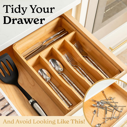 SMIRLY Bamboo Silverware Organizer for Drawer, Kitchen Utensil Organizer, Flatware & Cutlery Tray for Kitchen Drawers