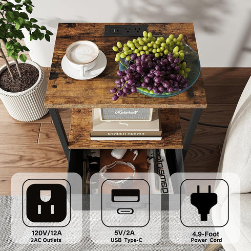 TB01BB069L TUTOTAK LED Nightstand, Night Stand with Charging Station, End Table, Bedside Table with Fabric Drawer