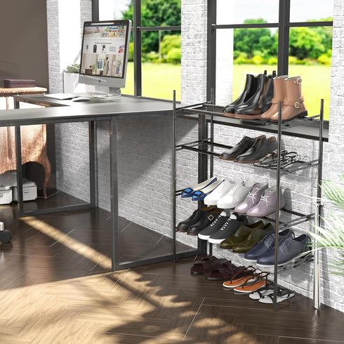 4-Tier 16 Simple Houseware Expandable Shoe Racks with Shelves for Pairs of Shoes, Black