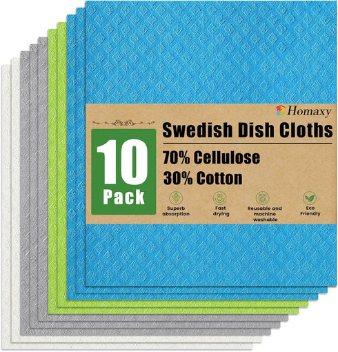 Homaxy Swedish Dishcloths for Kitchen, 10 Pack Reusable and Washable Cellulose Sponge Cloths