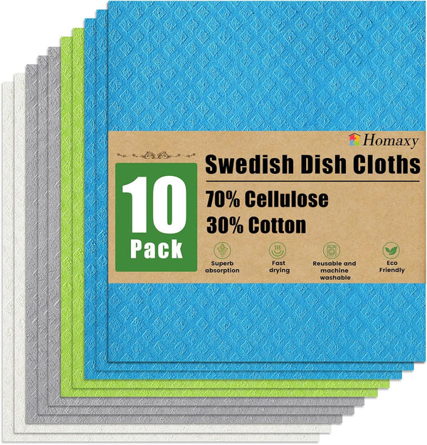 Homaxy Swedish Dishcloths for Kitchen, 10 Pack Reusable and Washable Cellulose Sponge Cloths