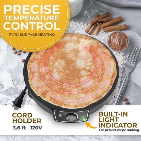 Crepe Maker Machine - Nonstick 12” Electric Griddle for Pancakes, Roti, Tortilla, Portable, Compact
