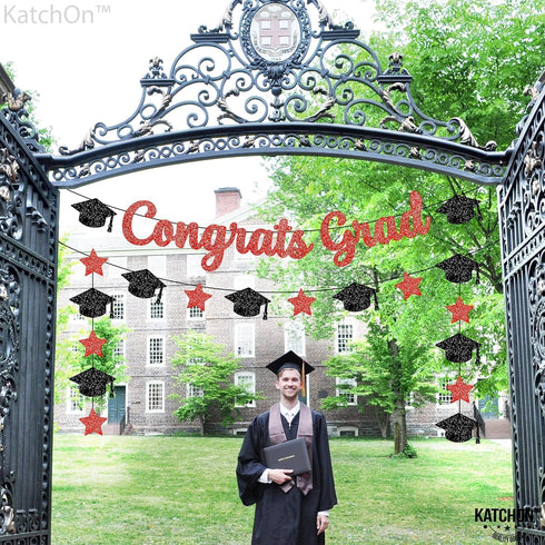 KatchOn Glitter Congrats Grad Banner, Red and Black - 10 Feet Graduation Banner, Grad Cap Garland for Class of 2025