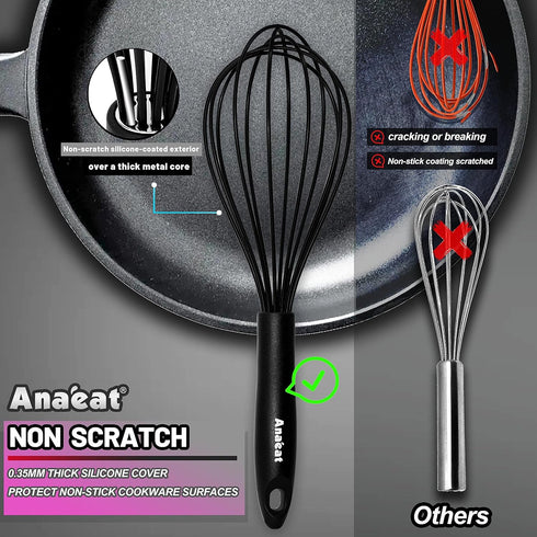 Anaeat Silicone Kitchen Whisk Set of 4, Perfect for Non-Stick Cookware, Includes 11'' Flat Whisk