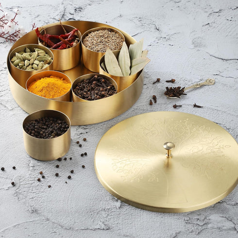 8 Inch 7 1 Ajuny Handcrafted Brass Spice Box Golden with Embossed Lid - Decorative Round Masala Canister Removable