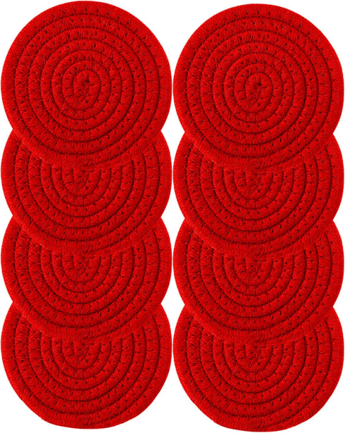 8PCS Red Handmade Cotton Round Woven Coasters - Absorbent Braided Cup Mats for Drink Home Kitchen Heat-Resistant