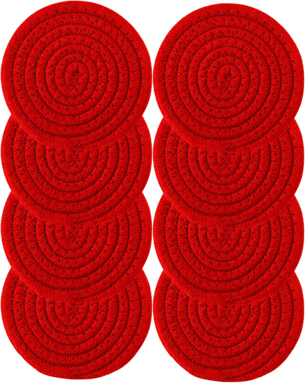8PCS Red Handmade Cotton Round Woven Coasters - Absorbent Braided Cup Mats for Drink Home Kitchen Heat-Resistant