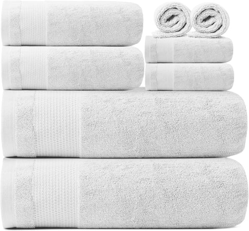 Ariv 8-Piece Towel Set, 2 Ply Ultra Luxury, 100% Combed Cotton, Large Towels for Home, Hotel, Gym, Spa - White