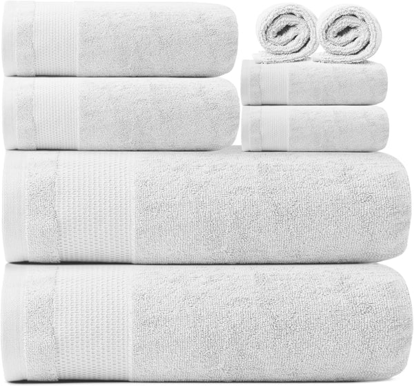 Ariv 8-Piece Towel Set, 2 Ply Ultra Luxury, 100% Combed Cotton, Large Towels for Home, Hotel, Gym, Spa - White