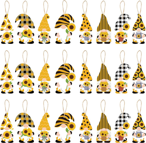 WATINC 25 Pack Sunflower Gnome Wooden Ornaments, Yellow Flower Gnome with Hat Hanging Pendants for Summer Party