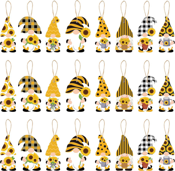 WATINC 25 Pack Sunflower Gnome Wooden Ornaments, Yellow Flower Gnome with Hat Hanging Pendants for Summer Party