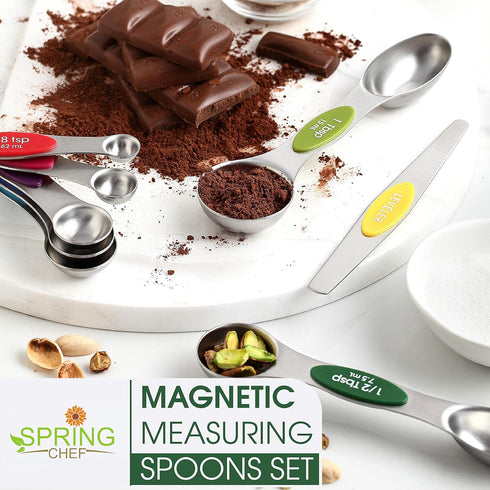 Spring Chef Stainless Steel Magnetic Measuring Spoons Set, Heavy Duty Metal Kitchen Essentials, Set of 8.