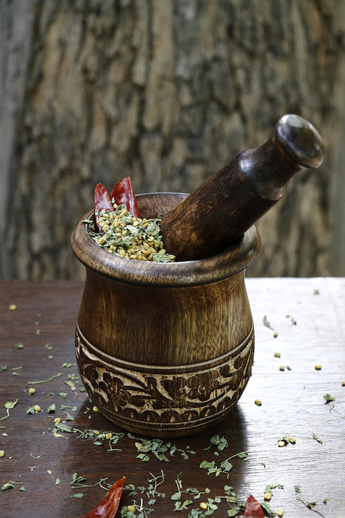 3.5 GoCraft Wooden Carved Mortar and Pestle | Grinder for Herbs, Spices and Kitchen Usage, Natural Mango Wood Engraved