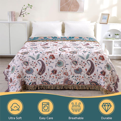 Boho Large Cotton Throw Blanket 80''x90'', Ultra Soft Rustic Quilt with Tassels, Lightweight Knitted Sofa Cover for