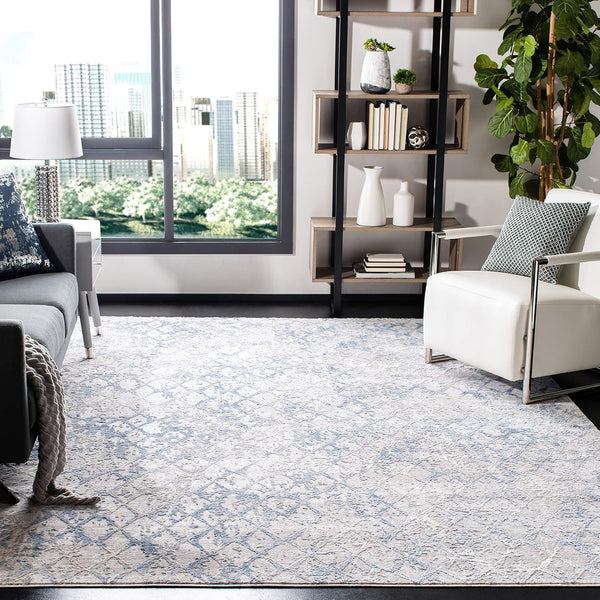 SAFAVIEH Amelia Collection Area Rug - 3' Square, Light Grey & Blue, Modern Trellis Design, Easy Care