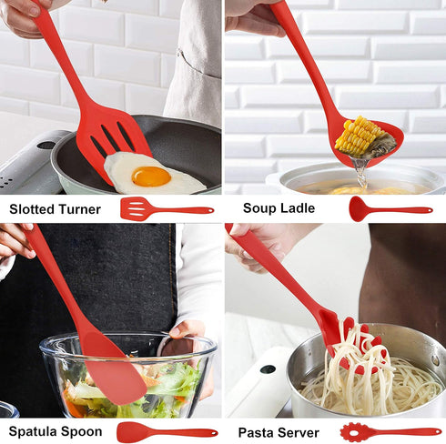 LIANYU 14 Pcs Cooking Utensils Set with Holder, Heat Resistant Silicone Kitchen Tools, Dishwasher Safe (Red)