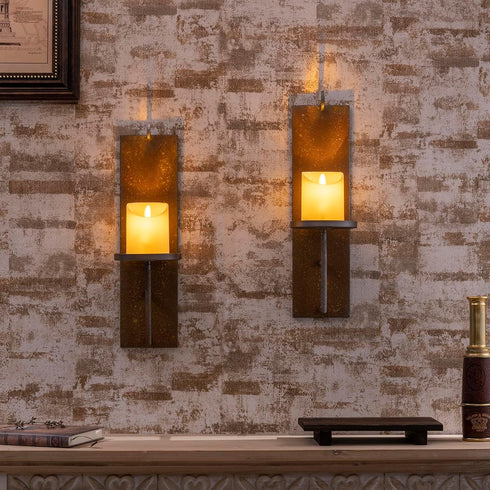 Set 2 15.6 3.9 inches, of Vintage Wall Candle Sconce, Distressed Iron Metal, x Rustic Farmhouse Style