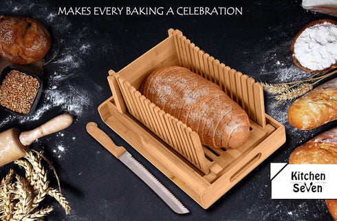 Kitchen Seven 3 Bamboo Bread Slicer with Crumb Tray Bamboo Bread Cutter for Homemade Bread, Loaf Cakes, Bagels Slicer