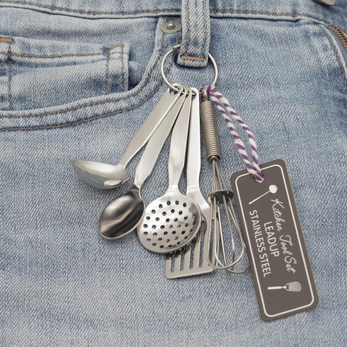 Mini Stainless Steel Kitchen Tool Set with Keychain, Set of 5, Includes Whisk, Spatula, Spoon, Skimmer, Ladle