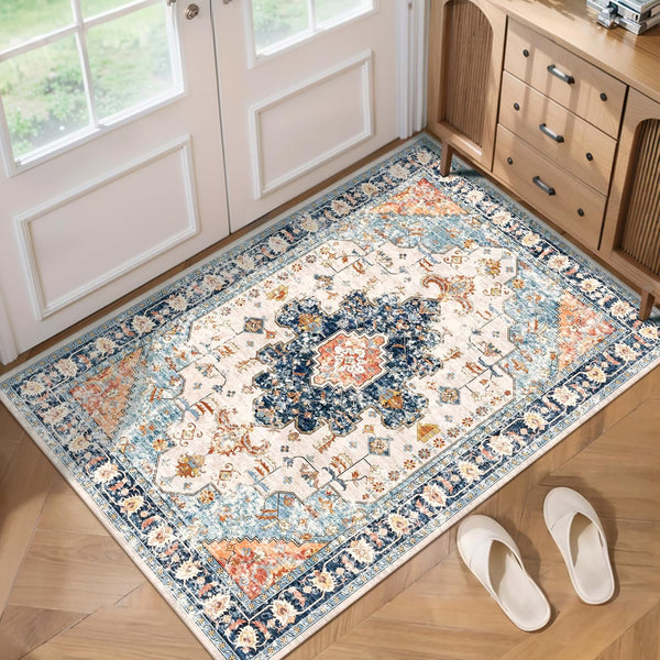Vintage Rug 2x3, Washable Non-Slip Small Area Rug, Distressed Blue/Beige Print Door Mat for Entryway Kitchen