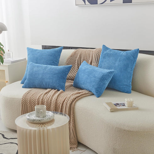 Home Brilliant Throw Pillow Covers, Decorative Soft Velvet Corduroy Striped Set of 2, Blue