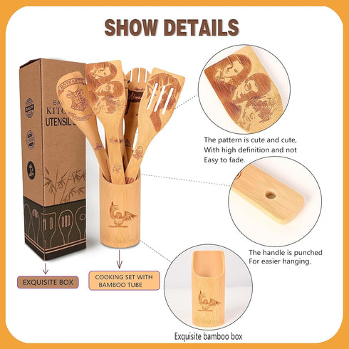 Wooden Cooking Spoons Set of 7 Pieces, Magical Bamboo Kitchen Utensils with Engraved Patterns, Magic Cooking Spoons Mom