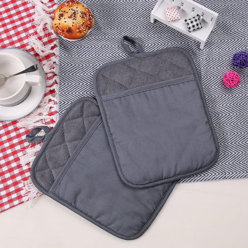 100% Cotton with Silicone Kitchen Pot Holder - Heat Resistant Coaster Potholder Oven Mitts Set of 2, Grey