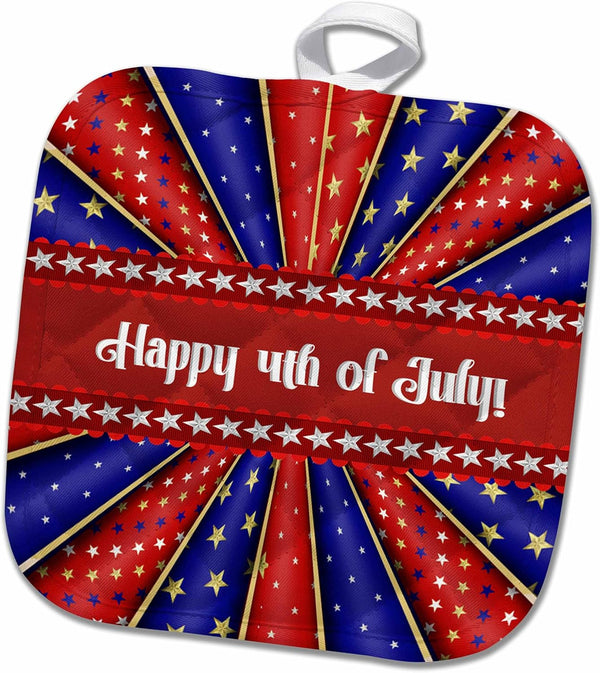 3D Rose Happy 4Th of July Pot Holder, Kaleidoscope of Stars and Stripes, Red Blue White, 8 x 8
