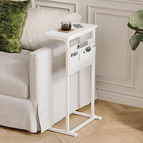 LET501W C Shaped End Table, Side Table for Sofa, Small TV Tray, Couch Table with Storage Bag for Small Space, Living