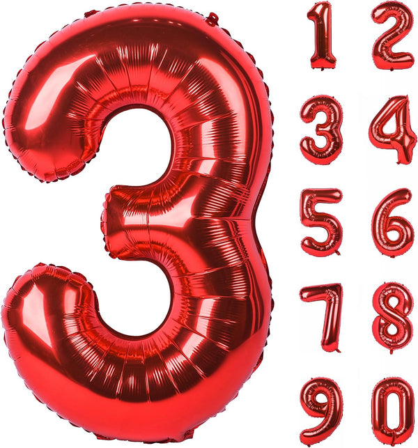 40 inch Red Big Number 3 Birthday Party Decoration Foil Balloons for Anniversary, Wedding, Girls and Boys Digit 3.