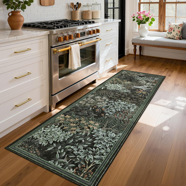 GarveeHome Forest Runner Rug, Black Green Washable Runner Rug 2x6 for Kitchen,