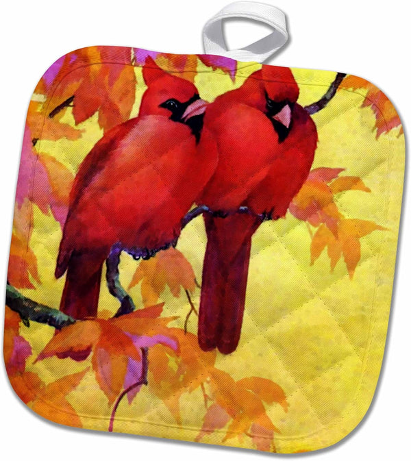 3D Rose Red Cardinals and Gold Autumn Leaves Pot Holder, 8 x 8