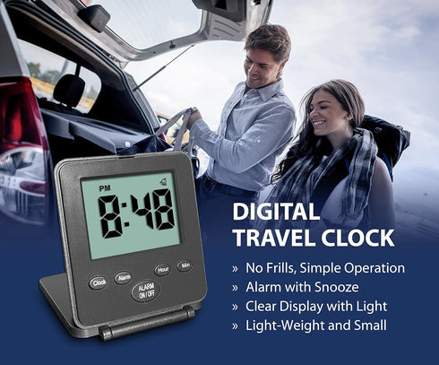 Digital Travel Alarm Clock - Simple Operation, Loud Alarm, Snooze, Small and Light, Battery Powered, Black