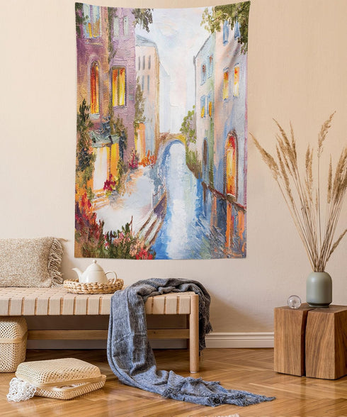 Ambesonne Venice Tapestry - Historical City Vintage Houses Water Canal Venice Italy Oil Painting, 40" X 60", Orange