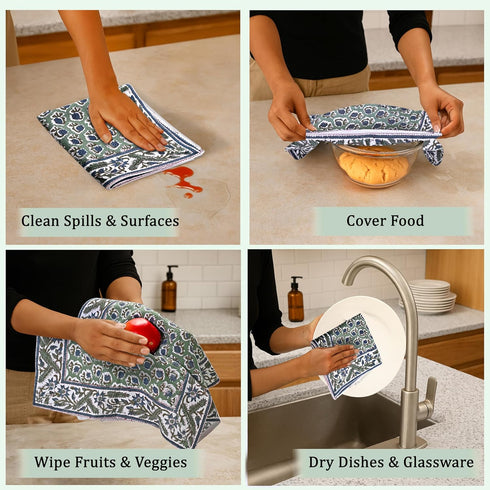 Set 3-16 x28 100% Ridhi Basil Green Hand Block Print Waffle Kitchen Towel of Ultra Absorbent Quick Dry Cotton Dish
