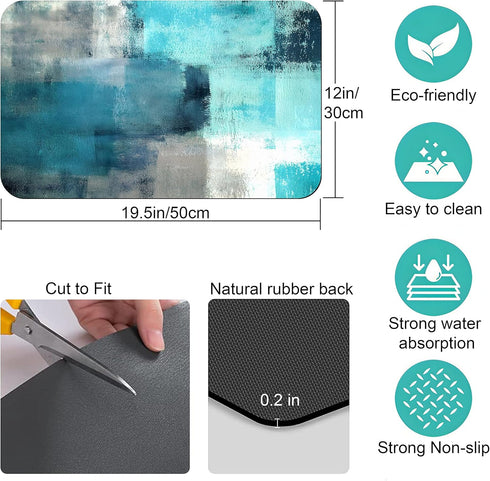 Coffee Bar Mat Accessories for Countertop, Turquoise Abstract Art Dish Drying Mats for Kitchen (20x12in)