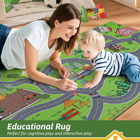 32"x60" BEQHAUSE Kids Play Mat, Green City Map Race Track Children Rugs Great for Playing with Cars, Play Area Rug Road