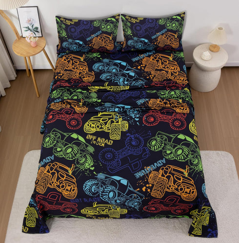 URLINENS Boys Sheets Full Size 4 Piece, Hand Drawn Cars Sheet Set for
