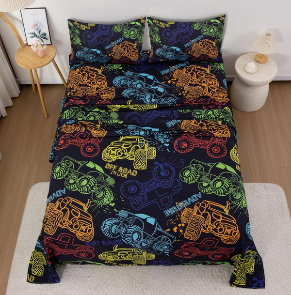 URLINENS Boys Sheets Full Size 4 Piece, Hand Drawn Cars Sheet Set for