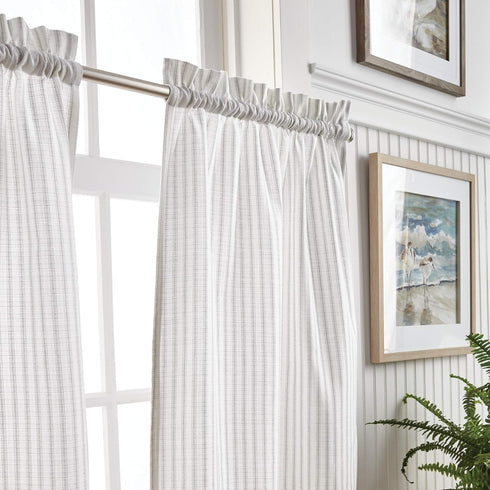 Martha Stewart Ticking Stripe 3-Piece Window Curtain Set - Valance and Tiers, White Grey