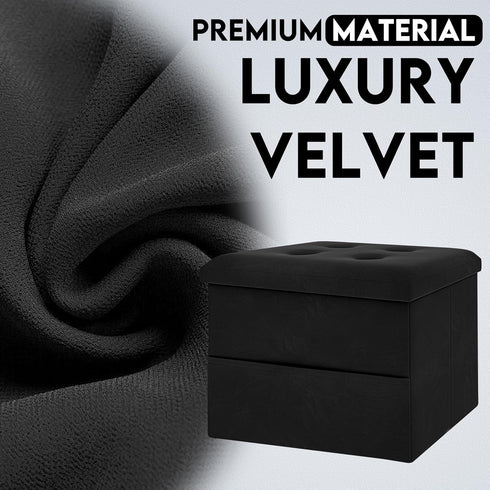 16"x12"x12" Zoes Homeware Small Storage Ottoman Foot Rest, Velvet Ottoman with Storage and Side Pocket, Black Foot Rest