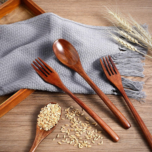 Patelai Wooden Spoons Forks Set, Reusable Flatware Tableware Set, Handmade Natural Cutlery (16 Pieces)