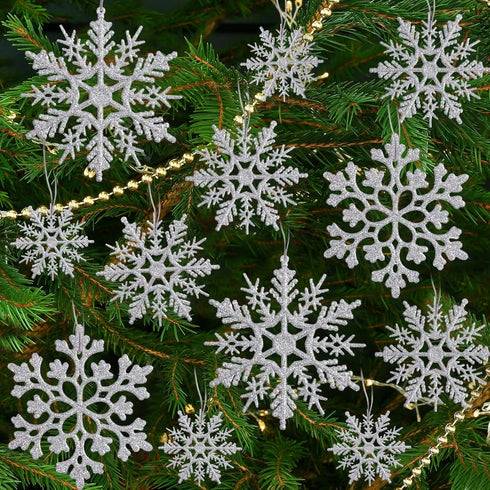 36 Pack Silver Snowflake Ornaments, Plastic Glitter Snow Flakes for Winter Christmas Tree Decorations, Size Varies