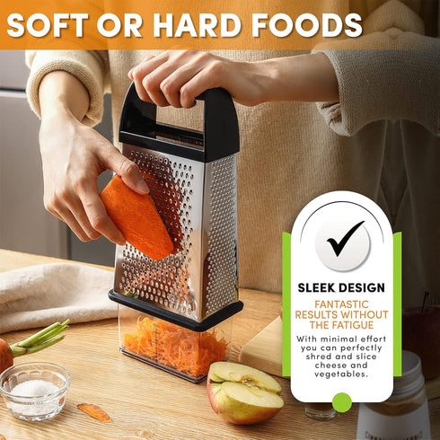 Spring Chef 10" Professional Parmesan Cheese Grater with Container, 4 Sided Kitchen Cheese Shredder, Black Soft Grip