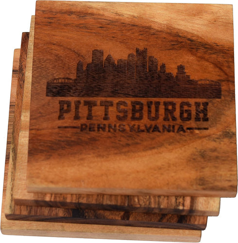 Pittsburgh Coasters, Skyline Drink Coasters, Engraved Acacia Wood with Pittsburgh Design, Souvenirs (Set of 4)