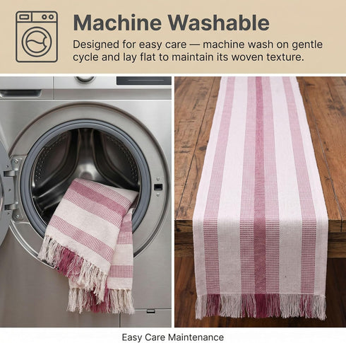 72 Inch Rosey Red Striped Table Runner Long for Dining Table, Console Tables , Entryway Decor - Natural Cotton Tassle /