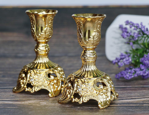 Taper Candle Holders with Deluxe Engraved Design, Set of 2 Premium Gold Candlestick Holders